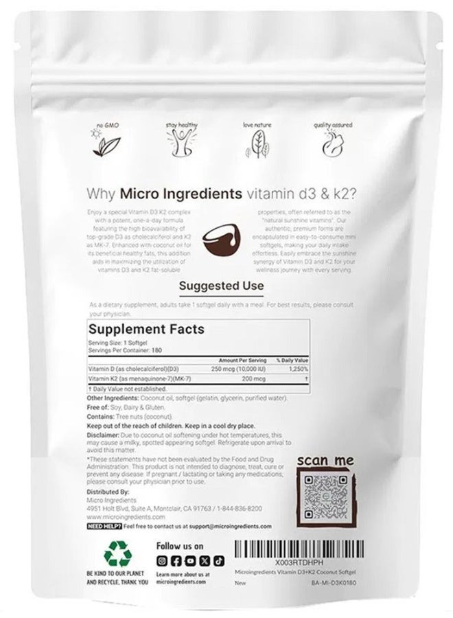 مايكرو إنجريدينتس فيتامين د3 10000 وحدة دولية مع كيه2 MK 7 200 ميكروغرام - 180 كبسولة زيت جوز الهند البكر. فيتامينات د و ك المركب تدعم امتصاص الكالسيوم وصحة العظام والمناعة وصحة القلب. سهلة البلع. - Image 4